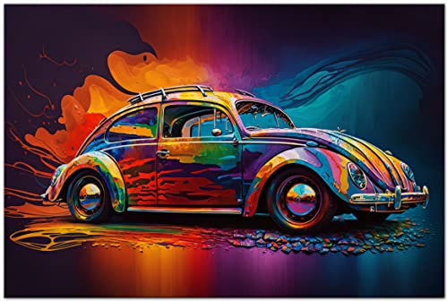 Printonia Leinwand-bild 120x80 cm Volkswagen VW Käfer Oldtimer Abstrakt Grafik Art Automobil Bilder Deko Dekoration Wandbild Kunstdruck