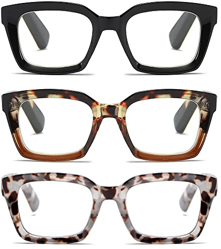 3 Pack Readers for Women Fashion Style Square Reading Glasses with Spring Hinge Blue Light Blocking for Men Ladies HCB +1.25