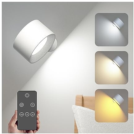 Coollamp Applique Murale Interieur,Spots muraux,Télécommande et commande tactile,3 Niveaux de Luminosité,3 Modes de Couleur,Rendu des couleurs élevé Ra≥85,Sans fil,Batterie rechargeable haute capacité