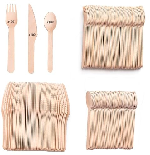 300 Couverts en Bois - Biodégradables et Compostables - 100 Fourchettes, 100 Couteaux et 100 Cuillères - Parfaits pour Fêtes et Événements - Pour 100 Personnes - Design Naturel et Élégant