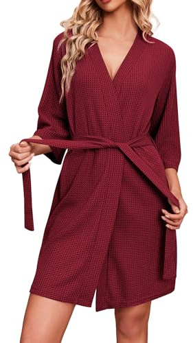 Ekouaer Bademantel für Damen Waffelstrick Morgenmantel Lässig Robe Hochzeit weich leicht knielang Loungewear S-XXL