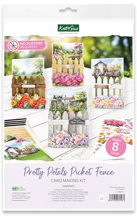 Katy Sue Designs Pretty Petals Picket Fence Card Making Kit. Contains 8 Shaped Cards, 2 Sheets Die Cut Decoupage, Sticky Foam Pads, Instructions & 8 Envelopes from Card Making Kits for Adults