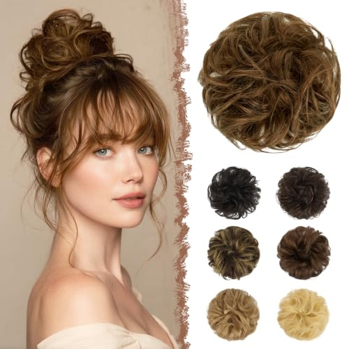 FESHFEN 100% Echthaar Haarteile Dutt Haargummi - Haarteil Gummiband mit Haaren Wellig Bun Extensions Haarknoten Pferdeschwanz Haarverlängerungen Hochsteckfrisuren für Damen, Goldbraun