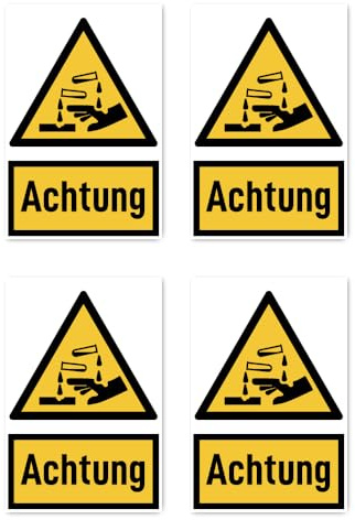 Aufkleber: 112.5x75 mm, 4 Stück - Signalwort Achtung vor ätzenden Stoffen - Warnzeichen mit Text (deutsch) (gelb/schwarz) - hochkant - W023 - DIN EN ISO 7010 / ASR A1.3