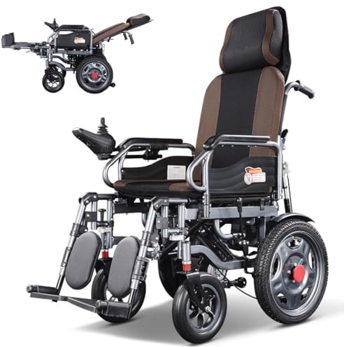 PXOCDEO Silla de Ruedas Eléctrica Plegable, Silla de Ruedas Eléctrica Ligera y Portátil con Reposacabezas Respaldo Ajustable y Joystick para Silla de Ruedas de Ayuda para Discapacitados,Brown20a