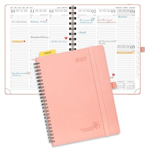 POPRUN Kalender 2025 Wochenplaner Ringbuch mit Softcover, ca. A5 (22 x 16,5 cm), 12-Monate-Terminplaner (Jan.2025-Dez.2025) 1 Woche 2 Seite mit 100 GSM Zertifiziertem Papier - Rosa