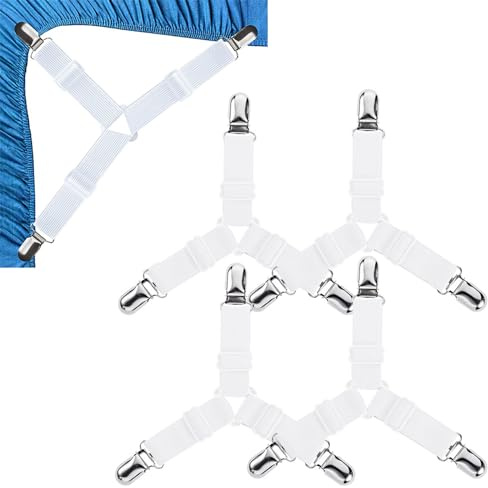 Attache Drap Housse Triangle Attache,Matelas Élastique Tendeur de Draps,Réglable Élastiques Triangle Sangles de Soutient,Sangles de Fixation Triangulaires Réglables 4 Pièces Blanc Tokaneit