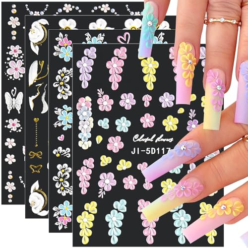 5D Geprägte Blume Nagelsticker Nagelfolie Selbstklebend Acryl Geschnitzte Blumen Nagelaufkleber Schmetterling Nail Sticker Blütenblätter Nageldesign Aufkleber Nägel Zubehör Flower Nail Art Stickers