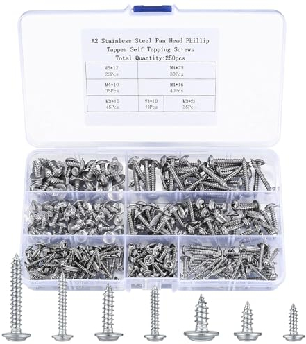 250 Pcs M3 M4 M5 Self Tapping Screws for Wood, Silver Pan Wafer Head Self Drilling Cross Truss Head Assorted Wood Screws for DIY Repairs