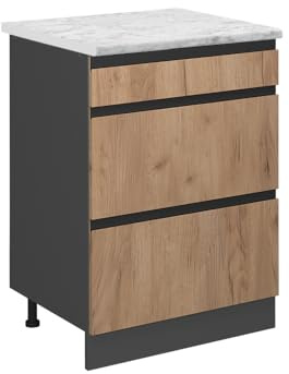 Vicco Schubladenschrank R-Line, Schubladenschrank für die Küche, Goldkraft Eiche, 60 cm AP Marmor