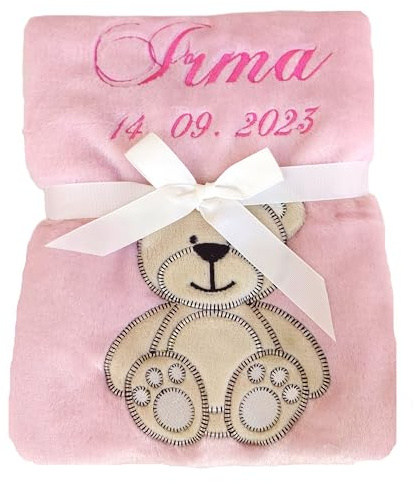 Wuff-Dogsworld Babydecke mit Namen und Geburtsdatum Bestickt, personalisierte Kuscheldecke, viele Motive & Farben, Geschenk zur Geburt für Mädchen & Jungen (rosa Bär)