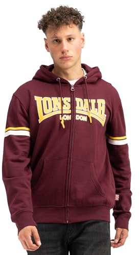 Lonsdale sweatjacka med huva för män med dragkedja, normal passform, Darfield, Oxblood/gul/vit, M