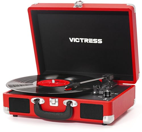 VICTRESS Vinyl Record Player, Portable Suitcase Turntable with PC Recording & Bluetooth Input/Output, 3-Speed LP Player, Built-in Stereo Speakers, RCA, AUX, Headphone Jack, Red