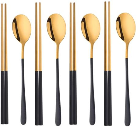 Juego de palillos y cucharas coreanos reutilizables, juego de cuchara y palillos de acero inoxidable de mango largo, 4 juegos de palillos de metal aptos para lavavajillas, color negro y dorado.
