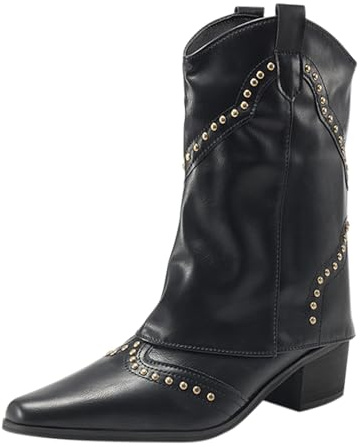 Camperos Texani Mujer Western Texani Botines de Equitación Botas Altas Mujer con Tacón Botines de Mitad Pantorrilla Botas Largas de Mujer Planas Botas Cremallera de Vaquero Cowgirl Botín, Negro , 36