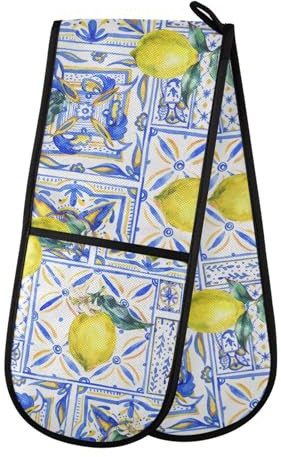 Oven Gloves Double Oven Gloves Yellow Lemon Fruit Blue Print Oven Mitts Pot Holder Heat Resistant Quilted for BBQ Baking Kitchen Cooking Gloves