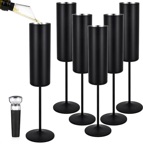 Qtencas 6 Pack Stainless Steel Champagne Glasses, 6oz Elegant Insulated Champagne Flutes, Stemmed Unbreakable Champagne Glasses Gifts for Friends Family Party Wedding Christmas Anniversary, Black