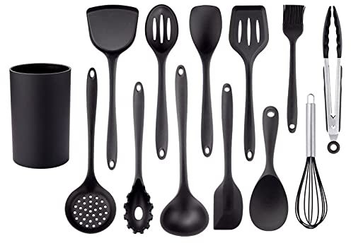 Spatole e cucchiai da cucina, Set di cucchiai Set di utensili da cucina Set di utensili da cucina neri Pentole antiaderenti Utensili da cucina in silicone Spatola Mestolo Frullino for le uova Pala(13p