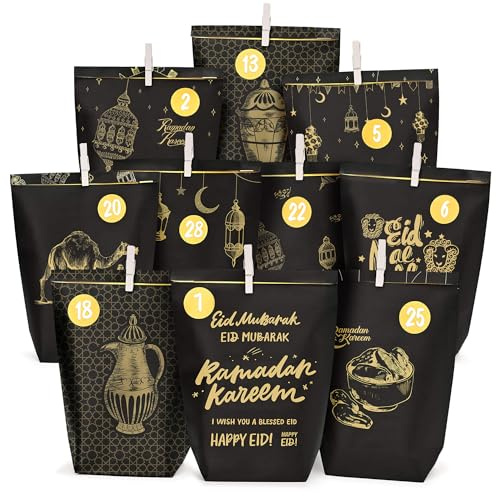 DIY Ramadan Kalender zum Befüllen-Ramadankalender Tüten-Bedruckte Kraftpapiertüten in schwarzes Gold-30 Eid Mubarak deko- Geschenktüten-ramadan dekoration - wiederverwendbar