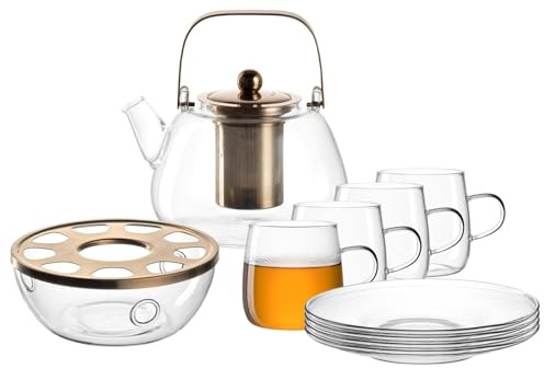 LEONARDO Tè per Te Tee-Set für 4 Personen, Teekanne mit Metallhenkel 1,2 L mit Stövchen 4 Teetassen und 4 Untertassen, Borosilikatglas, Handgefertigt, Spülmaschinengeeignet