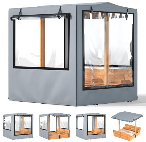 Sandbox Cover, 48”x48”x52”, Kid Sand Box Covers, Waterproof, UV Resistant, with Rollable Transparent Windows, Ideal for Backyard Wooden Sandbox, Windproof,Dustproof & Pet-Proof, Grey, Only Cover