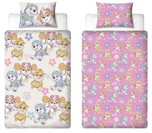 Paw Patrol Official Single Childs Duvet Cover Set | Brushed Design Reversible 2 Sided Girls Bedding Including Matching Pillow Case with Rubble, Everest and Skye