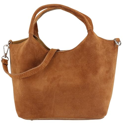 SH Leder Damen Handtasche aus echtem Wildleder Beuteltasche mit Schultergurt und Innentasche Elegante Henkeltasche Crossbody Tasche für Alltag & Büro 28x18cm Alesia W688