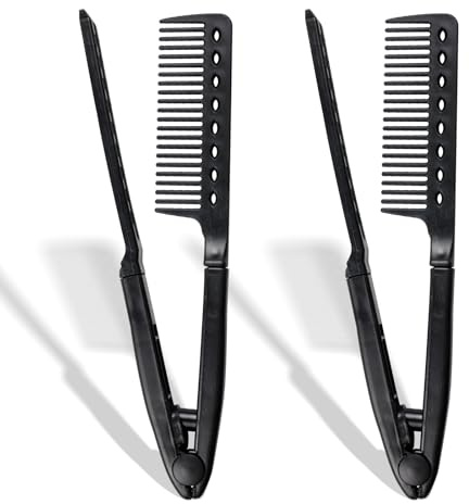 Hair Straightening Comb – Heat-Safe, Tangle-Free V-Shaped Styling Tool for Flat Irons & Curling Wands, Travel-Ready (Black, Plastic, Dry Hair, 2-Pack)