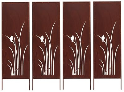 Kapaga - Lot de 4 brise-vue en métal - 160 x 50 cm - Aspect rouille - Brise-vue pour jardin - Brise-vue - Décoration de jardin - Clôture - Rouille (herbe avec oiseau)