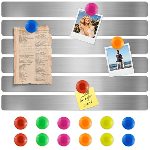 6 Pcs Magnetic Stainless Sliver Boards Strips, Adhesive Back Bulletin Bars | with 12 Colorful Magnet Button, Frameless Metal Bulletin Strip for Office, Home, Photo Wall, Fridge