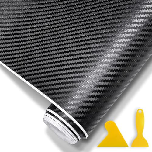 KEORHEZ 6 Rollen Carbon Folie, Carbon Folie Auto, Inklusive 2 Harten Schabern zum Freischneiden, Geeignet für Eine Vielzahl von Auto- und Motorradteilen (Schwarz, 30 X 127 cm)