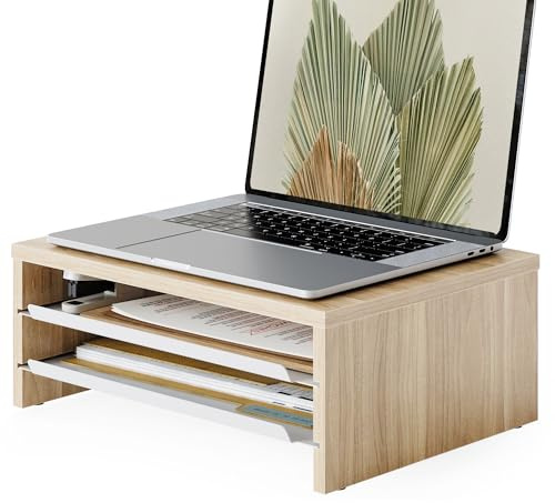 Fenge Soporte Monitor Escritorio, Elevador Monitor Doble con 2 Bandejas & Organizador, Madera y Metal, para Hogar y Oficina, Ordenador, Portátil, Impresora, TV, 36,4 x 23,5 x 13,4 cm (Roble)