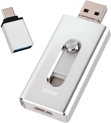 USB Stick 256GB für iPhone, MFi-zertifizierter 4-in-1 Speicherstick für iPhone/iPad/Android/PC,Flash-Laufwerk mit USB 3.0,Micro-USB,USB-C,Schnelle Datenübertragung,Backup für Fotos & Videos,Silber
