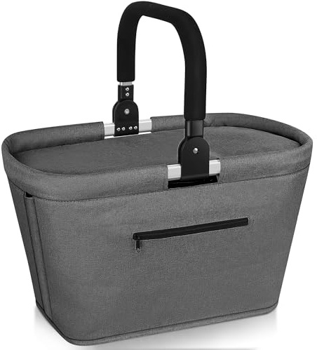 Anhow 35L Kühltasche Einkaufskorb Faltbar mit 2 Stützstangen, Große Isolierte Kühlkorb mit Aluminium Griff Wasserabweisendes Praktischer Tragekorb für Reisen Picknick Einkaufen Geschenk - Gray