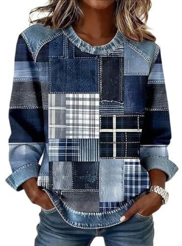 Sweats en denim pour femme avec imprimé patchwork - Blocs de couleurs - Chemise à carreaux et rayures