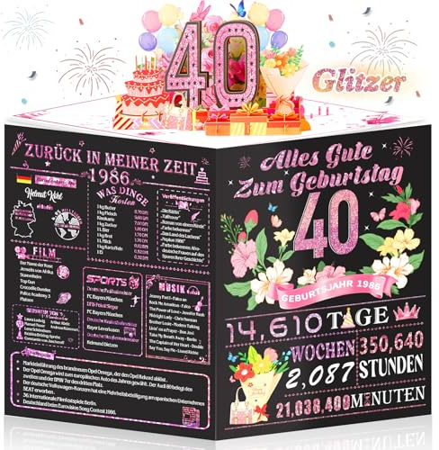 OLOSONG Geburtstagskarte 40 | 3D Pop Up Karte Geschenke Zum 40 Geburtstag für Frau, Back in 1986 Lustige Deko 40. Geburtstag Für Mama Oma Mutter Ehefrau Freunde Schwester und Sie, Mit Umschlag