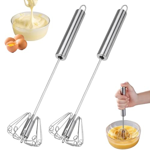 2 Stück Halbautomatischer Schneebesen Edelstahl, 10 in Quirl Küche, Rührbesen, Drehbarer Push Mixer Rührer zum Mischen, Schneebesen, Schlagen und Rühren