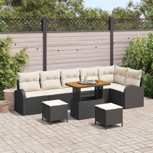 QUAHEAS Gartensofa-Set 9-teilig Schwarz aus wetterfestem Poly-Rattan, modulares Loungesofa mit verstellbarem Tisch für Terrasse und Garten, inklusive bequemer Kissen