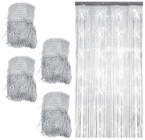 MIUUIPI 4 Stück Fadenvorhang Türvorhang, 100 x 200cm Glitzer Vorhang, Fliegenvorhang Balkontür, Fadengardine Fadenvorhang, Dekorativer Perlenvorhang für Hochzeit, Party Dekoration (Silbergrau)