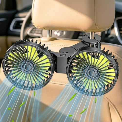 Ventilador de coche para asiento trasero USB, giratorio 360°, doble cabeza, mini ventilador con 3 velocidades, ventilador USB, ventilador de aire para coche, para casa/oficina, camión, caravana