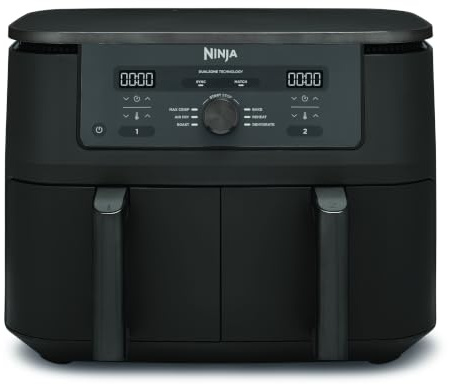 Ninja Heißluftfritteuse MAX Dual Zone, 2 Schubladen, 9,5 L, 6-in-1, Kochen ohne Öl, Air Fry, Max Crisp, Braten, Backen, Aufwärmen, Dörren, spülmaschinengeeignete Antihaft-Körbe, Onyxschwarz DZ400EUBK
