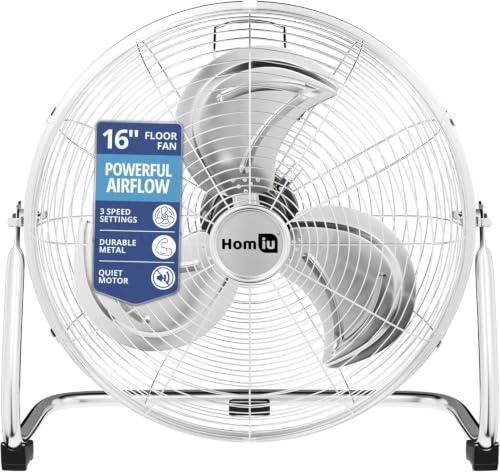 Homiu 16 Inch Floor Fan - 3 Speed High Velocity Fan - Standing Cooling Cold Air Circulation - Adjustable Tilting Electric Industrial - For Home Gym Office Garage Outdoor Indoor