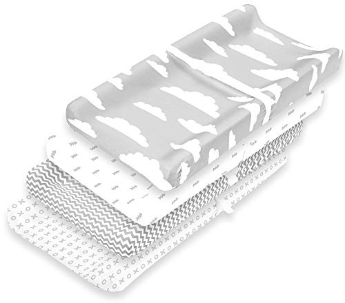 Changing Pad Cover – Premium Baby Changing Pad Covers 4 Pack – Boy or Girl Changing Pad Cover – Pure Cotton Machine Washable Grey and White Changing Table Cover – Diaper Changing Pad Cover Sheets