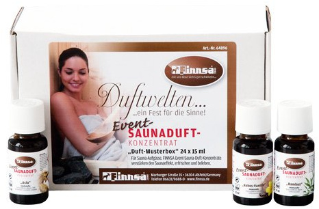 Probe-Box Event-Saunaduftkonzentrat gemischt Miniflaschen 24x15 ml | sehr ergiebig | 24 Düfte für Saunaaufguss