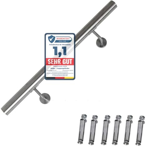 Melko Handlauf Treppengeländer Edelstahl V2A 90 cm Wandhandlauf rostfrei | Ø 4,2 cm Rundrohr, gebürstet, inkl. Wandhalterung, Endkappen, Schrauben und Dübel, für Treppenhaus und Eingangsbereich