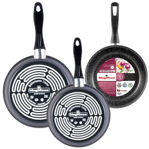 Magefesa K2 Gransasso set de 3 sartenes 24/26/28cm. Exterior gris, antiadherente bicapa efecto piedra, aptas para todo tipo de cocinas, especial inducción. Hasta 50% de ahorro energético.