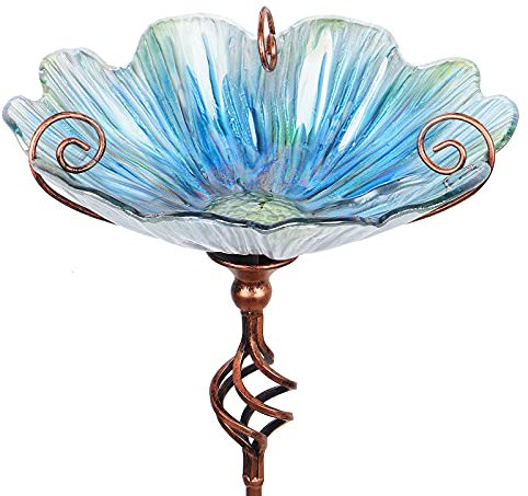 MUMTOP 31 Inch Height Glass Birdbath Birdfeeder with Metal Stake Garden Yard Outdoor Blue