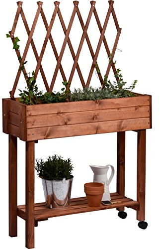 dobar® 58187e bancal Alto con Enrejado, Jardinera con Ruedas, Macizo de Flores de Madera Maciza, para jardín, terraza/balcón, 79 x 28,5 x 130 cm, Color marrón