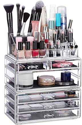 Relaxdays 1x Contenitore per Cosmetici a 6 Cassetti, 22 Scomparti, Make Up Organizer, Porta-Trucchi, Acrilico, Trasparente