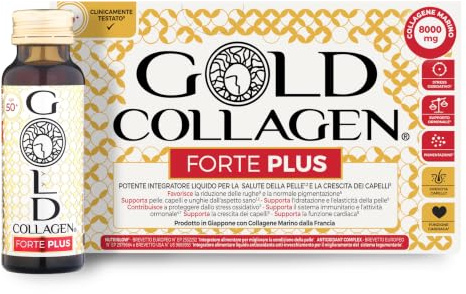 GOLD COLLAGEN New Forte Plus - Collagene Integratore Antirughe con Vitamina C Antiossidante, 8g Collagene Marino con Acido Ialuronico, Biotina Capelli, Pelle, Unghie e Sistema Immunitario, 1 x 10x50ml